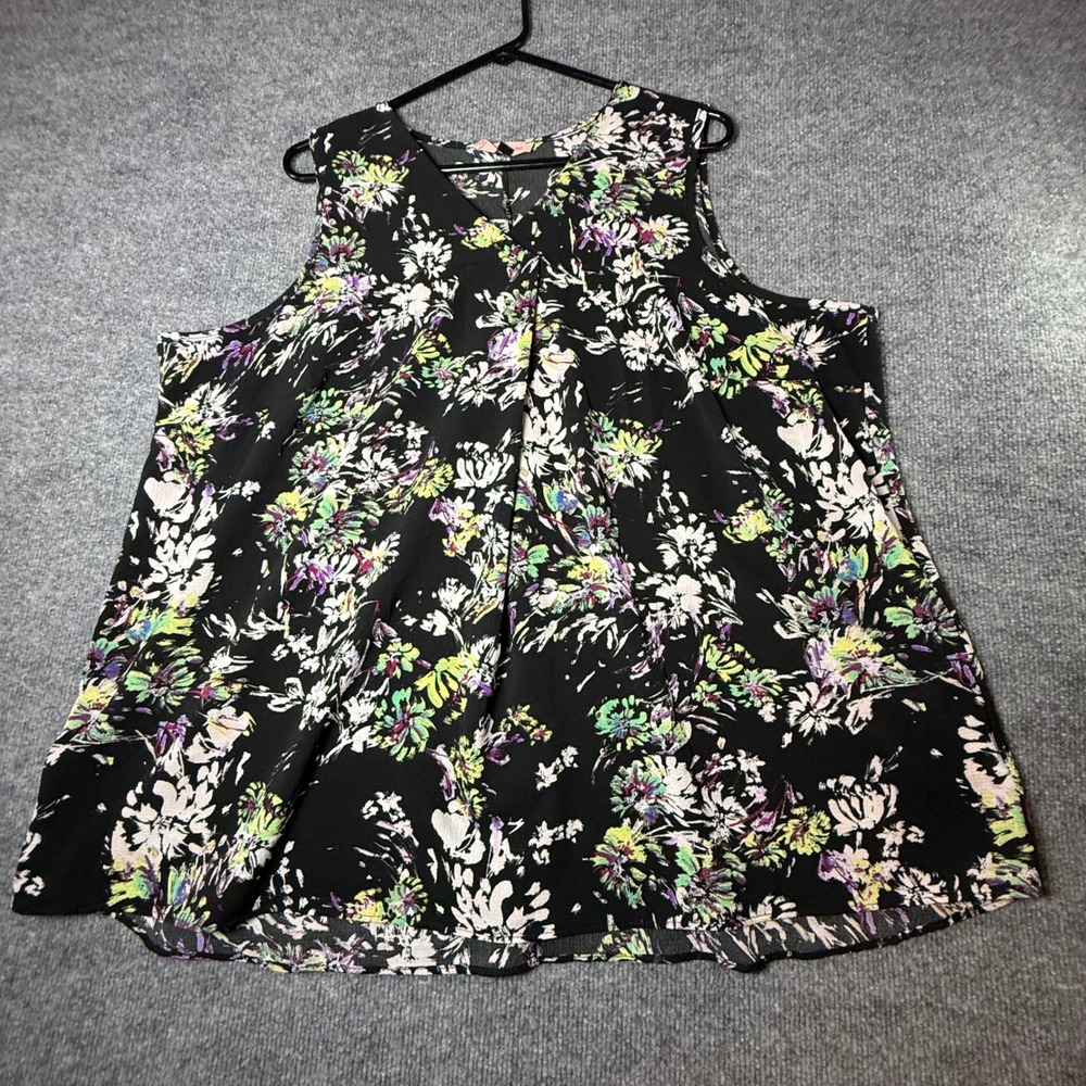 East Adeline Womens 2X Black Floral V-Neck Sleeveless Pleated Blouse Top USA